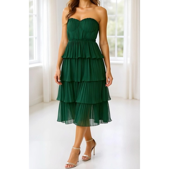 LOVERS + FRIENDS Alex Pleated Strapless Midi Dress, Emerald Green, Medium - Picture 1 of 12